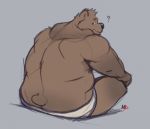  2019 anthro belly black_nose brown_bear brown_fur butt clothing dewlap_(anatomy) fur grizzly_bear male mammal minedoo overweight overweight_male simple_background sitting solo underwear ursid ursine 
