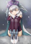  1girl blue_eyes blush breasts cape curly_hair elbow_gloves gloves hat head_wings long_hair looking_at_viewer medium_breasts melia oyasu_(kinakoyamamori) silver_hair simple_background smile solo thighhighs xenoblade_(series) xenoblade_1 
