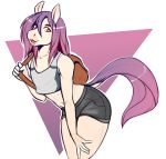  5_fingers ambiguous_gender anthro backpack biped bottomwear clothing crop_top digital_media_(artwork) equid equine eyebrows fingerless_(marking) fingers fur girly hair hi_res horse long_hair long_tail looking_at_viewer mammal open_mouth open_smile pink_eyes portrait pose purple_hair purple_tail shirt shorts simple_background smile solo tan_ears tan_fur three-quarter_portrait topwear white_background zkelle 