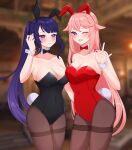  2girls ;d \m/ absurdres alternate_costume alternate_hairstyle animal_ears armpits bangs bare_shoulders black_legwear black_leotard blunt_bangs blurry blush bow bowtie breasts cleavage collarbone commentary depth_of_field detached_collar eyebrows_visible_through_hair fake_animal_ears fox_ears genshin_impact hair_between_eyes hairband highres leotard long_hair looking_at_viewer mikumoreau mole mole_under_eye multiple_girls one_eye_closed pantyhose pink_hair playboy_bunny ponytail purple_eyes purple_hair rabbit_ears raiden_shogun red_leotard sidelocks smile strapless strapless_leotard wrist_cuffs yae_(genshin_impact) 