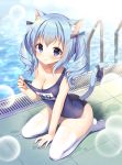  1girl animal_ear_fluff animal_ears bangs bare_arms bare_shoulders between_legs blue_hair blue_swimsuit blush bow breasts cat_ears cat_girl cat_tail cleavage closed_mouth collarbone commentary_request covered_navel eyebrows_visible_through_hair hair_between_eyes hair_bow hand_between_legs highres mauve medium_breasts no_shoes old_school_swimsuit one-piece_swimsuit original pool poolside pulled_by_self purple_bow purple_eyes ringlets school_swimsuit seiza sidelocks sitting smile solo strap_pull swimsuit tail tail_raised thighhighs twintails water white_legwear 