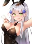  1girl animal_ears armpits bangs bare_shoulders black_hairband black_leotard black_neckwear blush breasts bunny_ears cleavage collar collarbone commentary detached_collar eyebrows_visible_through_hair facial_mark fake_animal_ears girls_frontline green_eyes grey_hair hair_ornament hairband hand_up heart highres hk416_(girls_frontline) large_breasts leotard long_hair meow_nyang necktie nose_blush outstretched_arm reaching_out short_necktie sidelocks simple_background solo strapless strapless_leotard sweat v very_long_hair white_background white_collar wing_collar 
