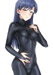  1girl :o bangs black_bodysuit blue_hair blush bodysuit breasts bridal_gauntlets brown_eyes covered_navel cowboy_shot earrings eyebrows_visible_through_hair half-closed_eyes hand_on_own_chest hand_on_own_stomach highres idolmaster jewelry kisaragi_chihaya latex latex_bodysuit long_hair looking_at_viewer nail_polish parted_lips pink_nails simple_background skin_tight small_breasts solo tsurui white_background zipper_pull_tab 