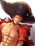  1boy abs bara beard blue_eyes body_hair brown_hair cape censored chest facial_hair fate/grand_order fate_(series) large_hat looking_at_viewer male_focus muscle napoleon_bonaparte_(fate/grand_order) nipples pectorals scar smile solo teeth tentenkingyo white_background 