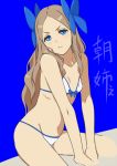  1girl asakaze_(kantai_collection) blue_eyes bow closed_mouth commentary_request hair_bow kantai_collection kuroiani long_hair looking_at_viewer simple_background solo swimsuit 