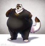  absurd_res anthro belly big_belly brown_fur chain clothed clothing domestic_ferret facial_markings fur grin hand_on_hip head_markings hi_res jackson_reese jewelry male mammal markings mask_(marking) mustela mustelid musteline necklace obese obese_male overweight overweight_male pac ring smile solo standing teeth white_fur wide_hips 