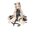  1girl bangs black_legwear black_leotard blonde_hair blush breasts cat_ear_headphones cat_tail eyebrows_visible_through_hair girls_frontline green_eyes green_ribbon gun haijin half-closed_eyes headphones holding holding_gun holding_weapon leotard long_hair looking_down official_art parted_lips ribbon sidelocks sitting small_breasts solo steyr_tmp submachine_gun tail tail_ribbon thigh_strap tmp_(girls_frontline) torn_clothes torn_leotard transparent_background very_long_hair wariza weapon 