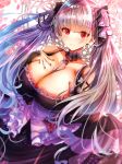  1girl absurdres azur_lane bangs bare_shoulders between_breasts black_dress black_nails blush breasts cleavage dress earrings eyebrows_visible_through_hair floating_hair formidable_(azur_lane) frilled_dress frills grey_hair hair_ornament hair_ribbon hand_on_own_chest highres jewelry large_breasts long_hair long_sleeves looking_at_viewer nail_polish red_eyes ribbon solo tub_(abcehknqux) twintails wind 