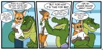  age_difference alligator alligatorid anthro book bottomless boxers_(clothing) canid canine clothed clothing compfive crocodile crocodilian crocodylid dialogue fox gus_the_gator half-closed_eyes kyle_the_fox male mammal partially_clothed reptile scalie shirt size_difference speech_bubble text topwear underwear young 