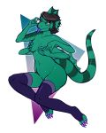  3_toes 4_arms 5_fingers anthro areola biped blep brown_hair claws clothing digital_media_(artwork) eyewear female fingers glasses green_areola green_eyes green_scales hair hi_res legwear long_tail mostly_nude multi_arm multi_limb purple_claws purple_tongue reptile ringtail scales scalie solo stockings thick_tail thigh_highs toe_claws toes tongue tongue_out two_tone_tail yellow_sclera zkelle 