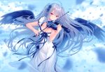  1girl absurdres ahoge blue_flower blue_ribbon blue_sky blurry blush bow_(instrument) breasts cleavage closed_mouth cloud cloudy_sky dress feathered_wings floating_hair flower grey_hair hair_flower hair_ornament highres holding holding_instrument instrument large_breasts long_hair looking_at_viewer music no_panties original petals playing_instrument red_eyes ribbon rose scan see-through sidelocks sky sleeveless sleeveless_dress smile solo two_side_up very_long_hair violin white_dress wings yashiro_seika 