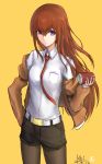  1girl absurdres belt black_shorts blue_eyes brown_hair can commentary_request dated eyebrows_visible_through_hair highres holding holding_can jacket long_hair makise_kurisu necktie orange_neckwear pantyhose purple_eyes red_neckwear shirt short_shorts shorts solo steins;gate unique_(pixiv12704744) white_belt white_shirt yellow_background 