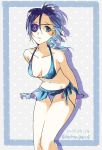  1girl arms_behind_back bikini bikini_skirt blue_bikini blue_border blue_eyes border breasts chrome_dokuro commentary_request cowboy_shot dated feet_out_of_frame grey_background highres katekyo_hitman_reborn! kpastelblue medium_breasts polka_dot polka_dot_background purple_hair short_hair side-tie_bikini solo standing swimsuit twitter_username 