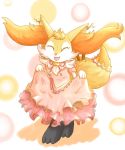  &lt;3 2019 4_fingers accessory anthro beads black_fur braixen breasts clothed clothing curtsey digital_media_(artwork) dress ear_piercing ear_ring eyes_closed fan_character fangs female fingers fortuna_(unknownlifeform) frilly frilly_clothing frilly_dress fully_clothed fur hair_accessory heart_nose hi_res inner_ear_fluff jingle_bell neck_bow nintendo open_mouth piercing pink_clothing pink_dress pok&eacute;mon pok&eacute;mon_(species) simple_background solo stick unknownlifeform video_games white_fur yellow_fur 