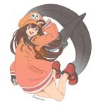  1girl :d anchor backpack bag black_gloves brown_hair fingerless_gloves full_body gloves guilty_gear guilty_gear_2020 hat legs long_hair long_sleeves looking_at_viewer may_(guilty_gear) open_mouth orange_headwear pink_eyes red_footwear shoes simple_background skull_and_crossbones smile solo twitter_username vinhnyu white_background 