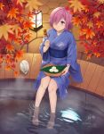  1girl bangs barefoot blush breasts commentary_request fate/grand_order fate_(series) from_above hair_over_one_eye highres japanese_clothes kimono large_breasts lavender_hair looking_at_viewer mash_kyrielight purple_eyes purple_hair short_hair sitting skyrail smile solo tsukimi water yukata 