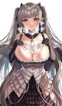  1girl absurdres azur_lane bangs bare_shoulders be_garam between_breasts black_dress blush breasts cleavage cowboy_shot dress earrings eyebrows_visible_through_hair formidable_(azur_lane) frilled_dress frills frown grey_hair hair_ornament hair_ribbon hands_on_own_chest highres huge_filesize jewelry large_breasts long_hair long_sleeves looking_at_viewer open_mouth red_eyes ribbon simple_background solo sweat twintails white_background xweat 