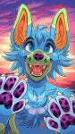  2019 anthro blue_eyes blue_fur blue_hair canid canine canis citrinelle digital_media_(artwork) domestic_dog fur hair hi_res male mammal open_mouth smile solo teeth tongue 