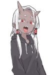  1girl absurdres black_hoodie colored_eyelashes copyright_request dark_skin drawstring fangs forehead hair_tubes highres hood hood_down hoodie horns long_hair long_sleeves looking_at_viewer open_mouth red_eyes sidelocks simple_background sketch solo thick_eyebrows tongue tongue_out tsurime upper_body white_background white_hair yamamoto_souichirou 