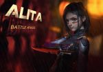  1girl alita alita:_battle_angel arm_blade battle_angel_alita black_hair brown_eyes commentary copyright_name cyberpunk cyborg english_commentary facepaint highres mechanical_arms metal_skin rain rui_li short_hair short_sword solo sword weapon wet wet_hair 