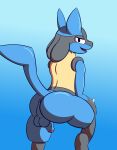  2019 anus balls butt canid canine dabelette digital_media_(artwork) erection hi_res humanoid_penis looking_at_viewer lucario male mammal nintendo open_mouth penis pok&eacute;mon pok&eacute;mon_(species) presenting presenting_hindquarters seductive simple_background smile solo video_games x_anus 