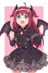  1girl :o absurdres black_capelet black_dress blue_eyes blush bow brown_wings capelet clenched_hands crescent crescent_hair_ornament demon_girl demon_horns demon_wings dress fang frilled_capelet frilled_dress frilled_sleeves frills hair_ornament hands_up heterochromia highres horns karahai_(31448823) long_hair long_sleeves looking_at_viewer neck_ribbon nijisanji open_mouth pink_background red_bow red_eyes red_hair red_ribbon ribbon solo two-tone_background two_side_up very_long_hair virtual_youtuber white_background wings yuzuki_roa 