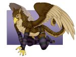  2019 5_fingers accelo anthro armwear avian beak brown_feathers brown_fur clothing digital_media_(artwork) feathered_wings feathers fingers fur gryphon kneeling legwear male open_mouth purple_eyes solo spots spotted_fur toes tongue wings 