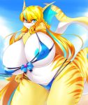  2019 anthro areola big_breasts bikini blonde_hair blue_eyes breasts clothed clothing digital_media_(artwork) female fish hair huge_breasts long_hair looking_at_viewer marine mleonheart nipple_outline non-mammal_breasts sasha_sweets shark skimpy slightly_chubby smile solo swimwear thick_thighs voluptuous 