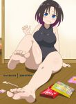  1girl barefoot blue_eyes candy elma_(maidragon) feet food gradient_hair kobayashi-san_chi_no_maidragon leotard multicolored_hair pocky pov_feet sitting soles toes zorzero 