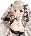  1girl azur_lane bare_shoulders between_breasts blush bow breasts cleavage collarbone detached_collar dress formidable_(azur_lane) frilled_dress frills hair_bow hand_up large_breasts long_hair long_sleeves looking_at_viewer maid parted_lips red_eyes silver_hair simple_background solo twintails upper_body weri white_background 