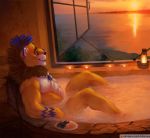  anthro bathtub conditional_dnp danza felid lion male mammal mane pantherine patreon solo steam sunset warm wet 