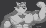  abs accessory anthro armpit_hair biped canid canine canis flexing fur headband hi_res horkeukamui male mammal muscular nipples pecs radcanine scar solo tokyo_afterschool_summoners video_games white_fur wolf 