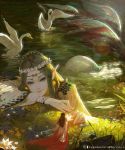  2girls bird braid bridal_gauntlets brown_hair circlet day facing_away fairy flower grass green_eyes head_wreath highres lake light_smile looking_at_viewer mermaid monster_girl multiple_girls official_art outdoors pointy_ears rui_li scales seashell shell shingeki_no_bahamut swan twin_braids water watermark wide_sleeves 