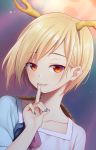  1girl artist_name blonde_hair blue_background blue_nails blue_shirt collarbone commentary_request cowboy_shot dragon_horns grin hand_up horns index_finger_raised kicchou_yachie looking_at_viewer nail_polish nnyara parted_lips red_eyes shirt short_hair smile solo touhou 