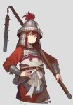  1girl armor belt belt_buckle brown_hair buckle chinese_armor fangdan_runiu flail hand_on_hip headwear helmet holding holding_weapon long_hair original smile solo weapon yellow_eyes 