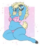  anthro blue_fur bovid bra breasts caprine clothing eyewear female fur hair hi_res lingerie mammal shonadew slightly_chubby solo spottedtigress tongue tongue_out underwear 