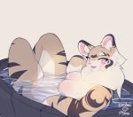  2019 anthro bathing better_version_at_source black_fur black_markings blush breasts countershading cute_fangs digital_media_(artwork) dipstick_ears electrycpynk featureless_breasts featureless_crotch felid female fur inner_ear_fluff looking_at_viewer looking_back mammal markings multicolored_ears neck_tuft open_mouth orange_fur pantherine partially_submerged pink_eyes reclining signature simple_background smile solo stripes thick_thighs tiger tuft white_countershading white_fur 