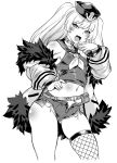  1girl :d ass_visible_through_thighs azur_lane bache_(azur_lane) bangs belt blush breasts chain collar covered_nipples fang fishnet_legwear fishnets fur_trim greyscale groin hand_on_hip hat highres jacket long_hair looking_at_viewer midriff monochrome musashino_sekai navel off_shoulder open_mouth pouch sailor_collar short_shorts shorts simple_background single_thighhigh smile solo thighhighs twintails white_background 