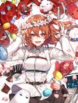  &lt;o&gt;_&lt;o&gt; 1girl :d ahoge arms_up bangs black_skirt blush book breasts brown_eyes brown_hair bug butterfly chaldea_uniform commentary_request cupcake eyebrows_visible_through_hair fan fate/grand_order fate_(series) flower flower_wreath folding_fan food fujimaru_ritsuka_(female) hair_between_eyes hanakeda_(hanada_shiwo) head_wreath highres insect jacket long_sleeves looking_at_viewer macaron medium_breasts medjed one_side_up open_mouth petals pink_flower pleated_skirt pyramid skirt sleeves_past_wrists smile uniform white_jacket 
