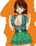  1girl absurdres aoshidan_school_uniform bangs belt black_belt blue_shirt blunt_ends breasts brown_hair cleavage clenched_hands collared_shirt commentary eyebrows_visible_through_hair frilled_skirt frills girls_und_panzer green_eyes green_skirt highres large_breasts light_blush looking_at_viewer miniskirt moesenyukikaze open_mouth partially_unbuttoned pleated_skirt school_uniform shirt short_hair short_sleeves skirt smile solo suspenders tristana_(girls_und_panzer) w_arms 