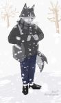 &lt;3 anthro blush canid canine clothing handbag happy hi_res male mammal radcanine rou scarf smile snow solo tree 