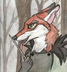  anthro black_nose canid canine corsack dagger female forest fox fur green_eyes looking_at_viewer mammal melee_weapon multicolored_fur painting red_fox solo tree two_tone_fur weapon 