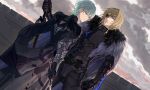  1boy 2boys aqua_eyes arm_at_side armor bad_shadow belt black_cape black_gloves blonde_hair blue_cape blue_eyes byleth_(fire_emblem) byleth_(fire_emblem)_(male) cape clenched_hand cloud dimitri_alexandre_bladud dutch_angle eyepatch fire_emblem fire_emblem:_three_houses fur_trim gloves grey_eyes highres holding holding_spear holding_sword holding_weapon long_hair looking_at_another male_focus marukin multiple_boys outdoors polearm shadow spear standing sword weapon 
