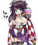  1girl :o black_hair blue_eyes blush breasts cape cowboy_shot flask garter_straps hat helmine_(sennen_sensou_aigis) large_breasts long_hair mortarboard nemui_(nemui) round-bottom_flask sennen_sensou_aigis simple_background solo standing thighhighs white_background 