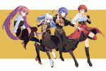  4girls blue_hair boots clothes_around_waist dress fire_emblem fire_emblem:_three_houses garreg_mach_monastery_uniform hilda_valentine_goneril leonie_pinelli long_hair lysithea_von_ordelia marianne_von_edmund multiple_girls orange_hair pantyhose pink_hair sharlorc short_hair silver_hair single_knee_pad thighhighs twintails 