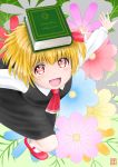  1girl :d bangs black_skirt black_vest blonde_hair book book_on_head bosutonii commentary_request cravat eyebrows_visible_through_hair floral_background foreshortening from_above hair_ribbon highres looking_at_viewer object_on_head open_mouth outstretched_arms red_eyes red_footwear red_neckwear ribbon rumia short_hair signature skirt smile solo spread_arms standing standing_on_one_leg touhou vest 