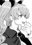  1girl anchovy anzio_school_uniform bonkara_(sokuseki_maou) cape drill_hair girls_und_panzer hair_ribbon hand_on_own_chin highres long_hair long_sleeves looking_to_the_side monochrome open_mouth ribbon school_uniform smile solo twin_drills twintails 