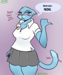  2019 angry anthro blue_fur blush bottomwear cartoon_network clothed clothing dialogue felid feline female fur hashdrawingslasher hi_res mammal mother nicole_watterson parent simple_background skirt solo speech_bubble text the_amazing_world_of_gumball whiskers 