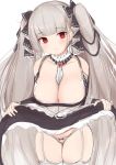  1girl azur_lane bangs bare_shoulders between_breasts black_dress blunt_bangs blush breasts cleavage closed_mouth dress dress_lift formidable_(azur_lane) frilled_dress frills garter_belt garter_straps grey_hair hair_ribbon highres john_zhang large_breasts long_hair looking_at_viewer panties red_eyes ribbon simple_background solo thighs two-tone_dress two-tone_ribbon underwear white_panties 