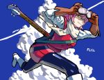  1girl :3 bass_guitar boots calilo cloud day flcl goggles goggles_on_head haruhara_haruko highres instrument looking_at_viewer pink_hair rickenbacker sky smile solo yellow_eyes 